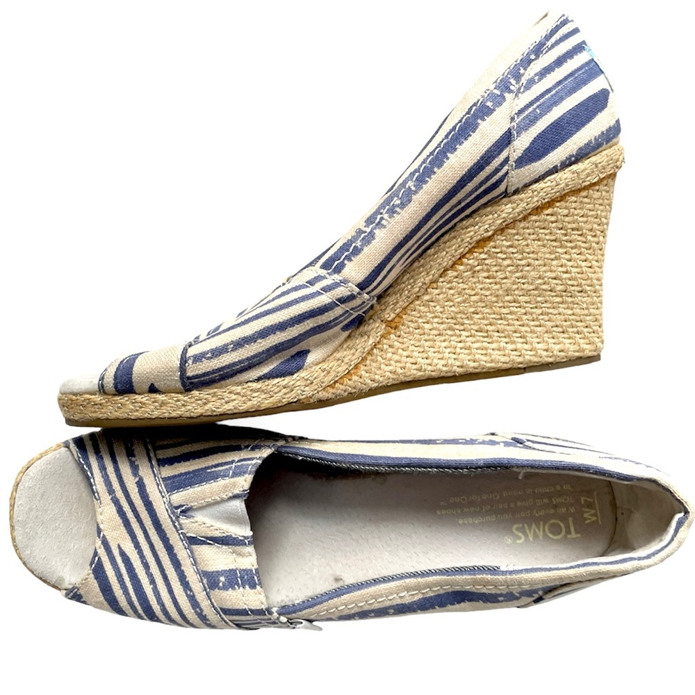 Toms Blue Stripe Straw Espadrille Wedges